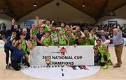 22 January 2022; The Garvey's Warriors Tralee team celebrate with the cup after the InsureMyHouse.ie Pat Duffy Men’s National Cup Final match between C&S Neptune, Cork, and Garvey's Warriors Tralee, Kerry, at National Basketball Arena in Tallaght, Dublin. Photo by Brendan Moran/Sportsfile