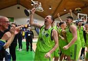 22 January 2022; Garvey's Warriors Tralee captain Fergal O'Sullivan celebrates with the cup after the InsureMyHouse.ie Pat Duffy Men’s National Cup Final match between C&S Neptune, Cork, and Garvey's Warriors Tralee, Kerry, at National Basketball Arena in Tallaght, Dublin. Photo by Brendan Moran/Sportsfile