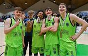 22 January 2022; Garvey's Warriors Tralee players, from left, James Fernane, Brandon Cotton, Steven Bowler and Keelan Crowe celebrate after the InsureMyHouse.ie Pat Duffy Men’s National Cup Final match between C&S Neptune, Cork, and Garvey's Warriors Tralee, Kerry, at National Basketball Arena in Tallaght, Dublin. Photo by Brendan Moran/Sportsfile