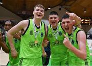 22 January 2022; Garvey's Warriors Tralee players, from left, Keelan Crowe, Padraig Fleming and Aaron Fleming celebrate after the InsureMyHouse.ie Pat Duffy Men’s National Cup Final match between C&S Neptune, Cork, and Garvey's Warriors Tralee, Kerry, at National Basketball Arena in Tallaght, Dublin. Photo by Brendan Moran/Sportsfile