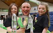 22 January 2022; Kieran Donaghy of Garvey's Tralee Warriors celebrates with his children Lola Rose, left, and Indie and the cup after the InsureMyHouse.ie Pat Duffy Men’s National Cup Final match between C&S Neptune, Cork, and Garvey's Warriors Tralee, Kerry, at National Basketball Arena in Tallaght, Dublin. Photo by Brendan Moran/Sportsfile