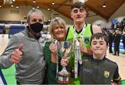 22 January 2022; Steven Bowler of Garvey's Tralee Warriors celebrates with his parents Mike and Mary and brother Rory after the InsureMyHouse.ie Pat Duffy Men’s National Cup Final match between C&S Neptune, Cork, and Garvey's Warriors Tralee, Kerry, at National Basketball Arena in Tallaght, Dublin. Photo by Brendan Moran/Sportsfile