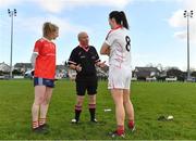 16 January 2022; Referee Gus Chapman with captains Louise Ward of Kilkerrin-Clonberne, left, and Amanda Finnegan of Donaghmoyne before the 2021 currentaccount.ie LGFA All-Ireland Senior Club Championship Semi-Final match between Kilkerrin-Clonberne and Donaghmoyne at Kilkerrin-Clonberne GAA in Clonberne, Galway. Photo by Sam Barnes/Sportsfile