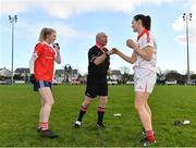 16 January 2022; Referee Gus Chapman with captains Louise Ward of Kilkerrin-Clonberne, left, and Amanda Finnegan of Donaghmoyne before the 2021 currentaccount.ie LGFA All-Ireland Senior Club Championship Semi-Final match between Kilkerrin-Clonberne and Donaghmoyne at Kilkerrin-Clonberne GAA in Clonberne, Galway. Photo by Sam Barnes/Sportsfile
