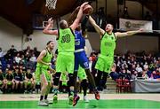 22 January 2022; Kieran Donaghy of Garvey's Tralee Warriors, left, with the help of teammate Daniel Jokubaitis, blocks a shot by Miles Washington of Coughlan C&S Neptune, resulting in Donaghy's fifth foul being called, during the InsureMyHouse.ie Pat Duffy Men’s National Cup Final match between C&S Neptune, Cork, and Garvey's Warriors Tralee, Kerry, at National Basketball Arena in Tallaght, Dublin. Photo by Brendan Moran/Sportsfile