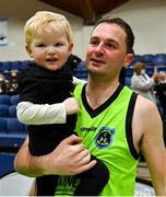 22 January 2022; Fergal O'Sullivan of Garvey's Tralee Warriors celebrates with his son Adam after the InsureMyHouse.ie Pat Duffy Men’s National Cup Final match between C&S Neptune, Cork, and Garvey's Warriors Tralee, Kerry, at National Basketball Arena in Tallaght, Dublin. Photo by Brendan Moran/Sportsfile