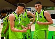 22 January 2022; Steven Bowle, left, and Aaron Fleming of Garvey's Tralee Warriors celebrate after the InsureMyHouse.ie Pat Duffy Men’s National Cup Final match between C&S Neptune, Cork, and Garvey's Warriors Tralee, Kerry, at National Basketball Arena in Tallaght, Dublin. Photo by Brendan Moran/Sportsfile