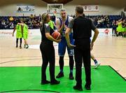 22 January 2022; Colin O'Reilly of Coughlan C&S Neptune debates a call with referees Caitriona White and Maciej Nazimek during the InsureMyHouse.ie Pat Duffy Men’s National Cup Final match between C&S Neptune, Cork, and Garvey's Warriors Tralee, Kerry, at National Basketball Arena in Tallaght, Dublin. Photo by Brendan Moran/Sportsfile