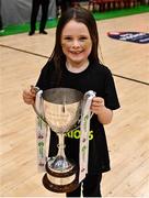 22 January 2022; Lola Rose Donaghy, daughter of Kieran Donaghy of Garvey's Tralee Warriors, celebrates with the Pat Duffy cup after the InsureMyHouse.ie Pat Duffy Men’s National Cup Final match between C&S Neptune, Cork, and Garvey's Warriors Tralee, Kerry, at National Basketball Arena in Tallaght, Dublin. Photo by Brendan Moran/Sportsfile