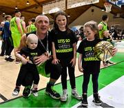 22 January 2022; Kieran Donaghy of Garvey's Tralee Warriors celebrates with his daughters, from left, Ruby May, Lola Rose and Indie after the InsureMyHouse.ie Pat Duffy Men’s National Cup Final match between C&S Neptune, Cork, and Garvey's Warriors Tralee, Kerry, at National Basketball Arena in Tallaght, Dublin. Photo by Brendan Moran/Sportsfile