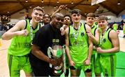 22 January 2022; Former Tralee Tigers player Ricardo leonard celebrates with Garvey's Warriors Tralee players, from left, Keelan Crowe, Aaron Calixte, Brandon Cotton, Steven Bowler, James Fernane and Zygimanlas Kaletka after the InsureMyHouse.ie Pat Duffy Men’s National Cup Final match between C&S Neptune, Cork, and Garvey's Warriors Tralee, Kerry, at National Basketball Arena in Tallaght, Dublin. Photo by Brendan Moran/Sportsfile