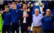 22 January 2022; Garvey's Tralee Warriors head coach John Dowling, centre, during Amhrán na bhFiann before the InsureMyHouse.ie Pat Duffy Men’s National Cup Final match between C&S Neptune, Cork, and Garvey's Warriors Tralee, Kerry, at National Basketball Arena in Tallaght, Dublin. Photo by Brendan Moran/Sportsfile