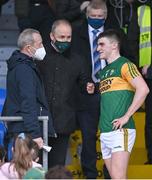 22 January 2022; Kerry captain Seán O'Shea in conversation with An Taoiseach Micheál Martin TD and former GAA president Seán Kelly MEP, right, after his side's victory in the McGrath Cup Final match between Kerry and Cork at Fitzgerald Stadium in Killarney, Kerry. Photo by Piaras Ó Mídheach/Sportsfile