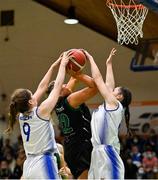 23 January 2022; Hannah Collins of Portlaoise Panthers has a shot blocked by Anna Grogan, left, and Sarah Hickey of Waterford Wildcats  during the InsureMyHouse.ie U20 Women's National Cup Final match between Portlaoise Panthers, Laois, and Waterford Wildcats, Waterford, at National Basketball Arena in Tallaght, Dublin. Photo by Brendan Moran/Sportsfile