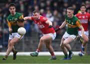22 January 2022; Brian Hurley of Cork in action against Kerry players Brian Ó Beaglaíoch, left, and Jason Foley during the McGrath Cup Final match between Kerry and Cork at Fitzgerald Stadium in Killarney, Kerry. Photo by Piaras Ó Mídheach/Sportsfile