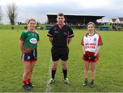 23 January 2022; Referee Eamon Moran with Mullinahone captain Molly Walsh, left, and St Brendan's captain Leann Walsh before the 2021 currentaccount.ie All-Ireland Ladies Junior Club Football Championship Semi-Final match between Mullinahone, Tipperary and St Brendan's, Galway at John Lockes GAA Club in Callan, Kilkenny. Photo by Michael P Ryan/Sportsfile