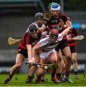 23 January 2022; Jerome McGuigan of Slaughtneil in action against Tadhg Foley of Ballygunner during the AIB GAA Hurling All-Ireland Senior Club Championship Semi-Final match between Ballygunner, Waterford, and Slaughtneil, Derry, at Parnell Park in Dublin. Photo by Harry Murphy/Sportsfile