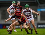23 January 2022; Karl McKaigue of Slaughtneil in action against Kevin Mahony of Ballygunner during the AIB GAA Hurling All-Ireland Senior Club Championship Semi-Final match between Ballygunner, Waterford, and Slaughtneil, Derry, at Parnell Park in Dublin. Photo by Harry Murphy/Sportsfile