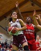23 January 2022; Hazel Finn of NUIG Mystics in action against Akeema Richards of Griffith College Templeogue during the InsureMyHouse.ie Women’s Division One National Cup Final match between Griffith College Templeogue, Dublin, and NUIG Mystics, Galway, at National Basketball Arena in Tallaght, Dublin. Photo by Brendan Moran/Sportsfile