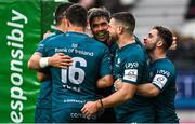 23 January 2022; Connacht captain Jarrad Butler, centre, celebrates with teammates after scoring their side's fourth try during the Heineken Champions Cup Pool A match between Stade Francais Paris and Connacht at Stade Jean Bouin in Paris, France. Photo by Seb Daly/Sportsfile