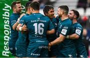23 January 2022; Connacht captain Jarrad Butler, centre, celebrates with teammates after scoring their side's fourth try during the Heineken Champions Cup Pool A match between Stade Francais Paris and Connacht at Stade Jean Bouin in Paris, France. Photo by Seb Daly/Sportsfile