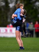 23 January 2022; St Judes goalkeeper Aoife McAuliffe, left, celebrates with teammate and captain Aoife Keyes at the final whistle of the 2021 currentaccount.ie All-Ireland Ladies Junior Club Football Championship Semi-Final match between St Judes, Dublin and Carrickmacross, Monaghan at St Margarets GAA Club in Dublin. Photo by Ben McShane/Sportsfile