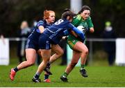 23 January 2022; Aine Loughman of Carrickmacross in action against Hannah Hegarty, centre, and Claire Gannon of St Judes during the 2021 currentaccount.ie All-Ireland Ladies Junior Club Football Championship Semi-Final match between St Judes, Dublin and Carrickmacross, Monaghan at St Margarets GAA Club in Dublin. Photo by Ben McShane/Sportsfile