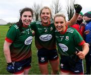 23 January 2022; Mullinahone players from left, Emma Cody, Michaela Kenneally and Aoibhe O' Shea celebrate after the 2021 currentaccount.ie All-Ireland Ladies Junior Club Football Championship Semi-Final match between Mullinahone, Tipperary and St Brendan's, Galway at John Lockes GAA Club in Callan, Kilkenny. Photo by Michael P Ryan/Sportsfile