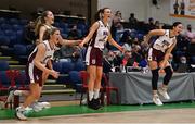 23 January 2022; NUIG Mystics players, from left, Alison Blaney, Kara McCleaneAine McDonagh and Hazel Finn celebrate at the final buzzer of the InsureMyHouse.ie Women’s Division One National Cup Final match between Griffith College Templeogue, Dublin, and NUIG Mystics, Galway, at National Basketball Arena in Tallaght, Dublin. Photo by Brendan Moran/Sportsfile