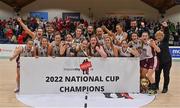 23 January 2022; The NUIG Mystics team celebrate with the cup  after the InsureMyHouse.ie Women’s Division One National Cup Final match between Griffith College Templeogue, Dublin, and NUIG Mystics, Galway, at National Basketball Arena in Tallaght, Dublin. Photo by Brendan Moran/Sportsfile
