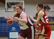 23 January 2022; Maggie Byrne of NUIG Mystics in action against Kaitlyn Miley of Griffith College Templeogue during the InsureMyHouse.ie Women’s Division One National Cup Final match between Griffith College Templeogue, Dublin, and NUIG Mystics, Galway, at National Basketball Arena in Tallaght, Dublin. Photo by Brendan Moran/Sportsfile