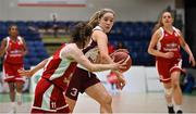 23 January 2022; Kara McCleane of NUIG Mystics in action against Lauren Darcy of Griffith College Templeogue during the InsureMyHouse.ie Women’s Division One National Cup Final match between Griffith College Templeogue, Dublin, and NUIG Mystics, Galway, at National Basketball Arena in Tallaght, Dublin. Photo by Brendan Moran/Sportsfile