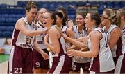 23 January 2022; Courtney Cecere of NUIG Mystics celebrates with teammates after being named MVP in the InsureMyHouse.ie Women’s Division One National Cup Final match between Griffith College Templeogue, Dublin, and NUIG Mystics, Galway, at National Basketball Arena in Tallaght, Dublin. Photo by Brendan Moran/Sportsfile