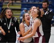 23 January 2022; Courtney Cecere of NUIG Mystics celebrates with teammates after being named MVP in the InsureMyHouse.ie Women’s Division One National Cup Final match between Griffith College Templeogue, Dublin, and NUIG Mystics, Galway, at National Basketball Arena in Tallaght, Dublin. Photo by Brendan Moran/Sportsfile