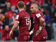 23 January 2022; Simon Zebo of Munster with teammate Mike Haley, left, after he scored their side's second try during the Heineken Champions Cup Pool B match between Munster and Wasps at Thomond Park in Limerick. Photo by Piaras Ó Mídheach/Sportsfile