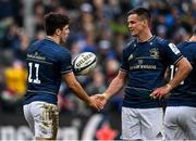 22 January 2022; Jimmy O'Brien of Leinster celebrates with teammate Jonathan Sexton during the Heineken Champions Cup Pool A match between Bath and Leinster at The Recreation Ground in Bath, England. Photo by Harry Murphy/Sportsfile
