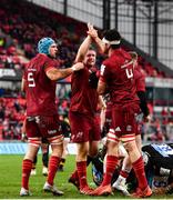 23 January 2022; Munster players, from left, Tadhg Beirne, Stephen Archer, and Jean Kleyn, celebrate winning a penalty during the Heineken Champions Cup Pool B match between Munster and Wasps at Thomond Park in Limerick. Photo by Sam Barnes/Sportsfile
