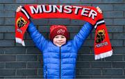 23 January 2022; Munster supporter Leo O'Sullivan, age 9 and from Mallow in Cork, outside the stadium before the Heineken Champions Cup Pool B match between Munster and Wasps at Thomond Park in Limerick. Photo by Piaras Ó Mídheach/Sportsfile