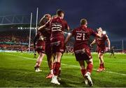 23 January 2022; Simon Zebo of Munster, right, celebrates with teammates after scoring their side's fifth try during the Heineken Champions Cup Pool B match between Munster and Wasps at Thomond Park in Limerick. Photo by Sam Barnes/Sportsfile