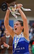 23 January 2022; The Address UCC Glanmire captain Aine McKenna lifts the Paudie O'Connor cup after the InsureMyHouse.ie Paudie O'Connor National Cup Final match between The Address UCC Glanmire, Cork, and DCU Mercy, Dublin, at National Basketball Arena in Tallaght, Dublin. Photo by Brendan Moran/Sportsfile