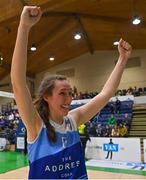 23 January 2022; Casey Grace of The Address UCC Glanmire celebrates after the InsureMyHouse.ie Paudie O'Connor National Cup Final match between The Address UCC Glanmire, Cork, and DCU Mercy, Dublin, at National Basketball Arena in Tallaght, Dublin. Photo by Brendan Moran/Sportsfile
