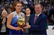 23 January 2022; Claire Melia of The Address UCC Glanmire is presented with the MVP by Basketball Ireland chief executive John Feehan after the InsureMyHouse.ie Paudie O'Connor National Cup Final match between The Address UCC Glanmire, Cork, and DCU Mercy, Dublin, at National Basketball Arena in Tallaght, Dublin. Photo by Brendan Moran/Sportsfile