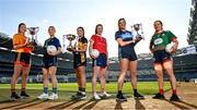 25 January 2022; In attendance at a photocall at Croke Park ahead of the currentaccount.ie All-Ireland Ladies Club Football Finals are, from left, Lisa McManamon of Castlebar Mitchels, Mayo, Danielle Lawless of St Sylvester's, Dublin, Laura Fitzgerald of Mourneabbey, Cork, Louise Ward of Kilkerrin-Clonberne, Galway, Aoife Keyes of St Judes, Dublin, and Molly Walsh of Mullinahone, Tipperary. Photo by Seb Daly/Sportsfile