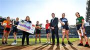25 January 2022; In attendance at a photocall at Croke Park ahead of the currentaccount.ie All-Ireland Ladies Club Football Finals are, from left, Lisa McManamon of Castlebar Mitchels, Mayo, Danielle Lawless of St Sylvester's, Dublin, Elaine O’Neill, Head of Compliance, Payac Services CLG, on behalf of competition sponsors currentaccount.ie, Laura Fitzgerald of Mourneabbey, Cork, Louise Ward of Kilkerrin-Clonberne, Galway, Uachtarán Cumann Peil Gael na mBan Mícheál Naughton, Aoife Keyes of St Judes, Dublin, and Molly Walsh of Mullinahone, Tipperary. Photo by Seb Daly/Sportsfile
