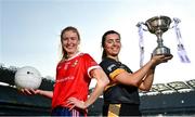 25 January 2022; In attendance at a photocall at Croke Park ahead of the currentaccount.ie All-Ireland Ladies Club Football Finals are Louise Ward of Kilkerrin-Clonberne, Galway, left, and Laura Fitzgerald of Mourneabbey, Cork. Photo by Seb Daly/Sportsfile