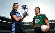 25 January 2022; In attendance at a photocall at Croke Park ahead of the currentaccount.ie All-Ireland Ladies Club Football Finals are Aoife Keyes of St Judes, Dublin, left, and Molly Walsh of Mullinahone, Tipperary. Photo by Seb Daly/Sportsfile
