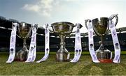 25 January 2022; The Junior, Senior and Intermediate trophies during a photocall at Croke Park ahead of the currentaccount.ie All-Ireland Ladies Club Football Finals. Photo by Seb Daly/Sportsfile