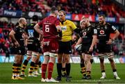 23 January 2022; Referee Tual Trainini in conversation with Peter O'Mahony of Munster during the Heineken Champions Cup Pool B match between Munster and Wasps at Thomond Park in Limerick. Photo by Sam Barnes/Sportsfile