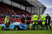 23 January 2022; Thomas Young of Wasps is loaded on to a medical cart after sustaining an injury during the Heineken Champions Cup Pool B match between Munster and Wasps at Thomond Park in Limerick. Photo by Sam Barnes/Sportsfile