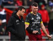 23 January 2022; Munster head coach Johann van Graan, left, in conversation with Munster captain Peter O'Mahony before the Heineken Champions Cup Pool B match between Munster and Wasps at Thomond Park in Limerick. Photo by Sam Barnes/Sportsfile